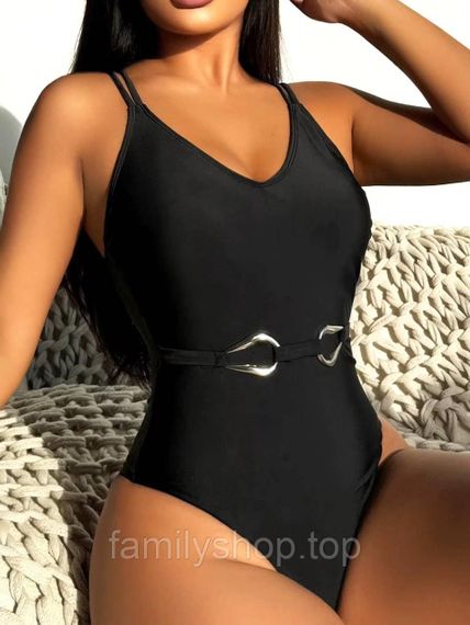 Цельный слитный женский купальник на тонких бретелях с поясом, Mbk262, цвет черный, размер S | Зображення 1