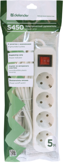 Мережевий подовжувач Defender S450 5.0 m 4 роз switch white (99239) | Зображення 3