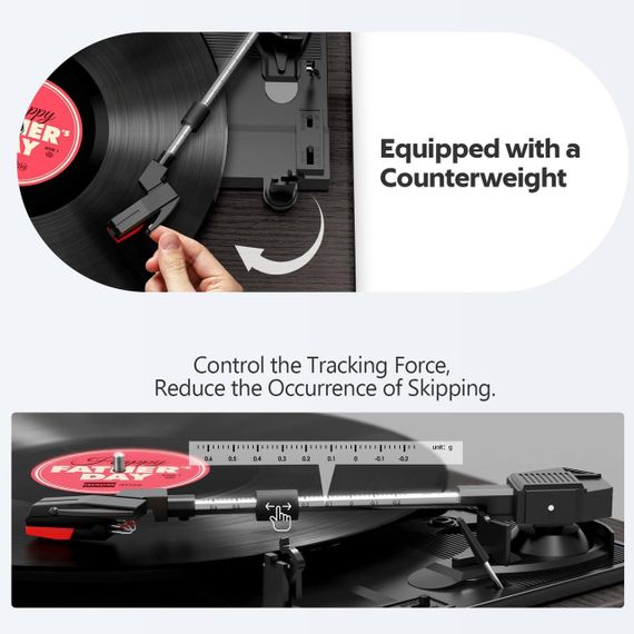 Вініловий програвач платівок FYDEE з Bluetooth, вбудовані стереодинаміки 2×3 Вт, RCA AUX, 3 швидкості, автостоп ретро | Зображення 8