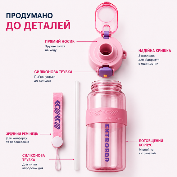 Спортивная бутылка для воды EXTRORD 850 мл Розовая: Герметичная бутылка для фитнеса, зала и бега (BPA Free) | Зображення 4