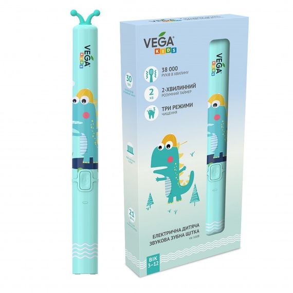Дитяча електрична звукова зубна щітка Vega Kids VK-500B (бірюзова), від 3 до 12 років
