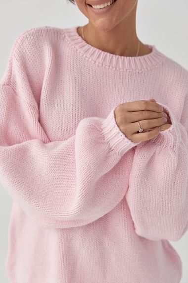 В'язана однотонна кофта з рукавами-ліхткриками - рожевий цвет, ONE SIZE (є розміри) | Зображення 3