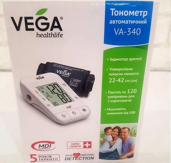 Тонометр VEGA VA-340 new + адаптер micro USB с LUX манжетой 22-32см гарантия 5 лет | Зображення 1