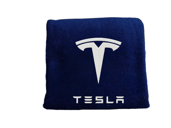 Полотенце с вышивкой махровое банное 70*140 темно-синий автомобилисту тесла Tesla 00451