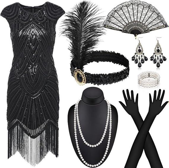 Сукня у стилі 20-х коктейльна з аксесуарами, жіночій ретро образ Гетсбі Чарльстона для Хелловіну, виступу, вечірки