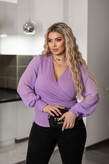 Женская нарядная блуза с прозрачными рукавами больших размеров и батал MN186 цвет сиреневый, размер 50/52 | Зображення 1