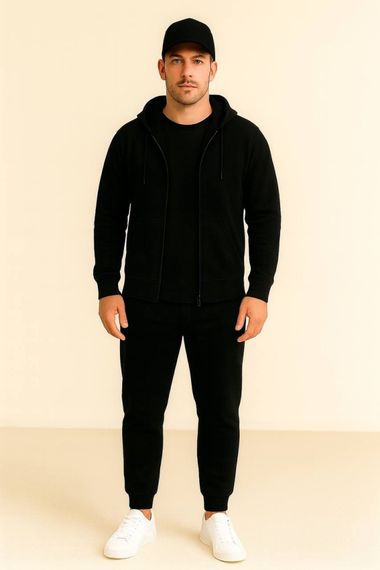 Костюм демісезонний (весна/осінь) з кепкою – худі на блискавці / zip hoodie + штани + футболка колір чорний
