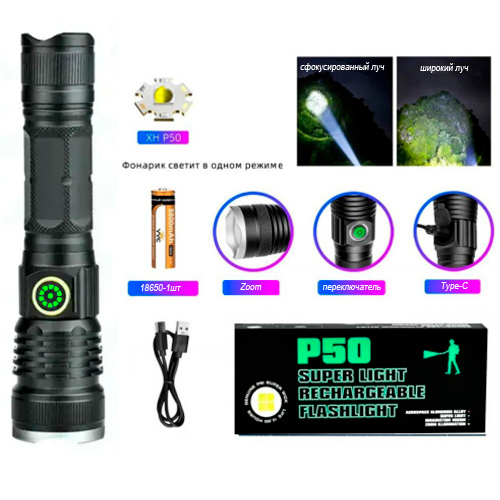 Фонарь ручной сверх яркий BL-A79-P50, 1х18650, Zoom, ЗУ Type-C | Зображення 4