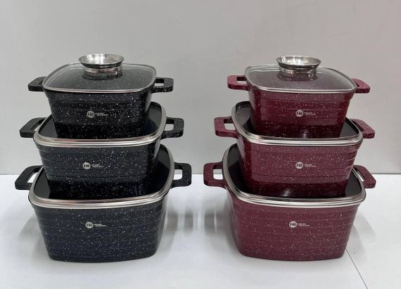 Набір квадратних казанів Higher Kitchen HK 322 на 6 предметів (Червоний, Чорний)