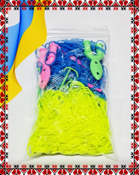 Гумки для плетіння браслетів синьо-жовті 1200 шт із гачками | Зображення 1