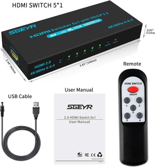 SGEYR 4K HDMI Switcher 5x1 – HDMI-перемикач на 5 портів з пультом ДК | Зображення 6