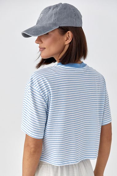 Футболка у смужку вільного крою - блакитний цвет, S (є розміри) | Зображення 1