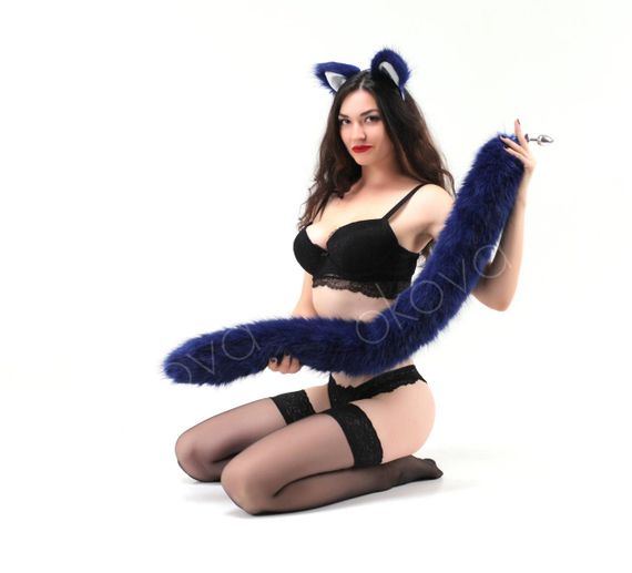 Анальный меховой хвост без пробки, Синий, OKOVA 100 см. sexstyle