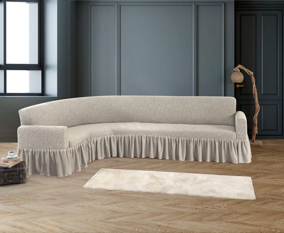 Жаккардовый чехол на угловой диван Stone с юбкой ванильный