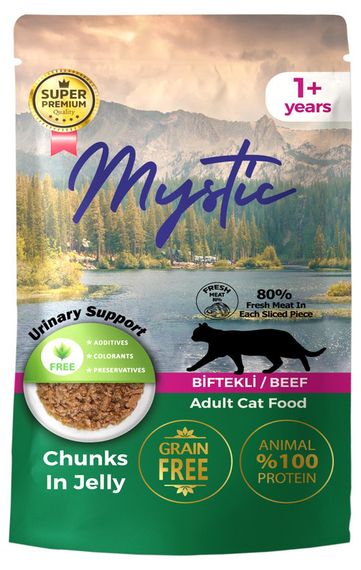 Влажный корм Mystic для кошек кусочки в желе с говядиной Пауч 85гр