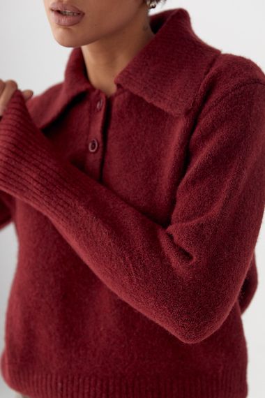 В'язана кофта-поло з ґудзиками на горловині - бордо цвет, ONE SIZE (є розміри) | Зображення 3