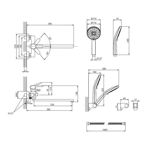 Смеситель латунный для ванны Lidz Astra 005 с поворотным изливом (c душевым гарнитуром) (k35) LDAST005CRM48088 Chrome | Зображення 1