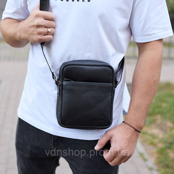 Чоловіча барсетка через плече, зернистая кожа 20х16х6, месенджер для міста, сумка для телефону та документів, чорна | Зображення 8