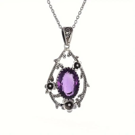 Срібляста підвіска на ланцюжку в вигляді квітів з фіолетовим каменем 5 см 58 см