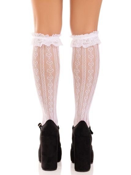 Гольфы ажурные Leg Avenue Sweetheart Ruffle Cuff Knee Highs, белые, рисунок-сердечки | Зображення 3