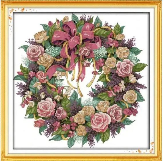 Набір для вишивання за нанесеною на канву схемою "A wreath of roses" . AIDA 14CT printed, 45*45 см