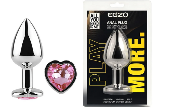 Анальна пробка із кристалом EGZO - Silver Heart Plug Pink size M Sex Aura