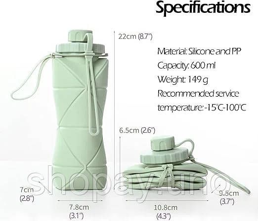 Складана силіконова пляшка для води 600 мл • Компактна спортивна пляшка для туризму, тренувань, прогулянок, школи та подорожей | Зображення 3