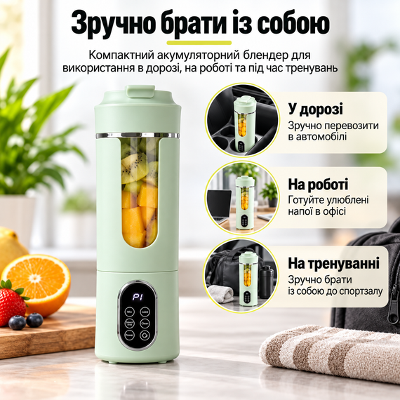 Портативный блендер-шейкер HS-889 530 мл, 12 лезвий SUS304, аккумулятор 1300 мАч, USB Type-C, для смузи и коктейлей, зеленый | Зображення 6