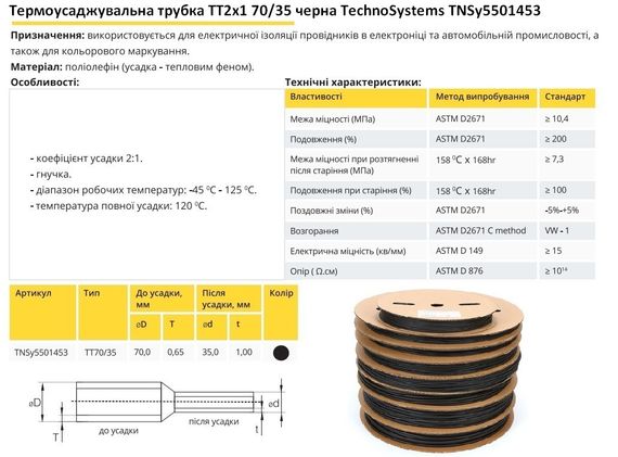 Термоусадочная трубка ТТ2х1 70/35 черная в рулонах 25м Ny95501453 | Зображення 1