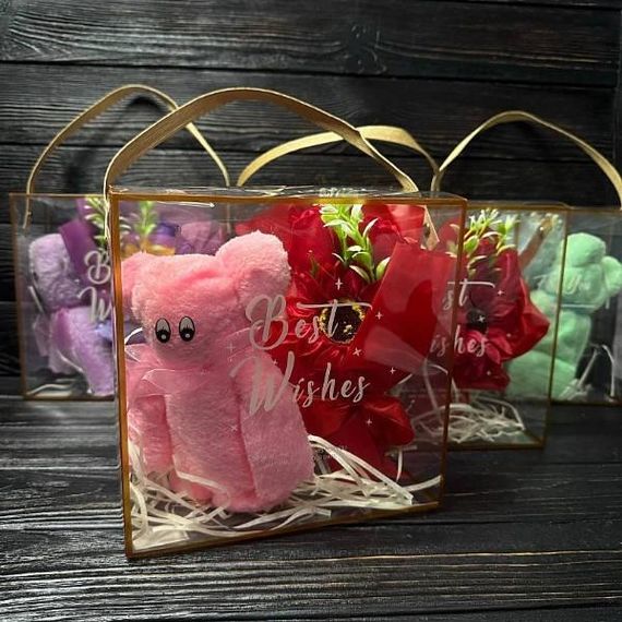 Набор подарочный полотенце и букет из роз для ванны 3шт 20*20*9см  25-818 Розовый