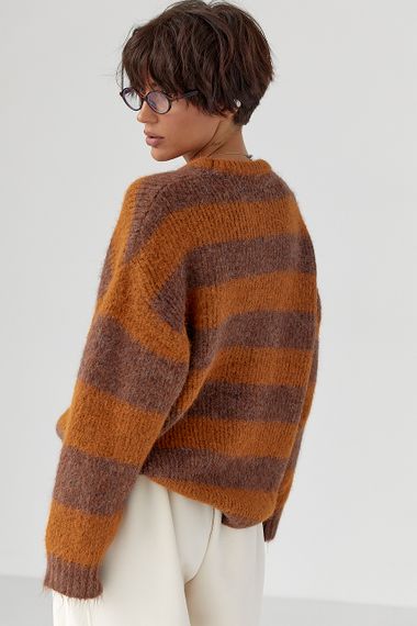 Теплий светр оверсайз у смужку - гірчичний цвет, ONE SIZE (є розміри) | Зображення 1