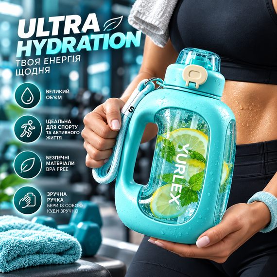 Спортивная эко-бутылка YURLEX 1500 мл (1,5 л) - бирюзовый градиент, матовая бутылка для воды с ручкой и трубочкой | Зображення 9