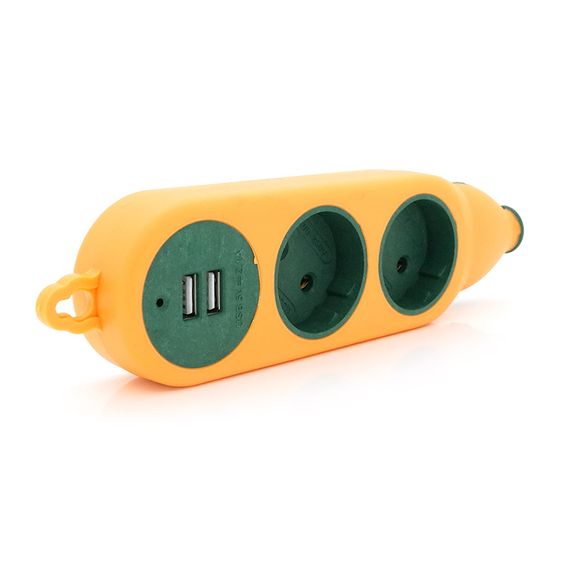 Колодка для подовжувача 2 гнізда + 2USB, без заземлення, 16A 220V, Orange