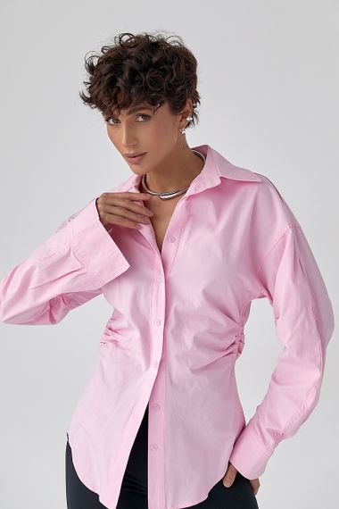 Класична однотонна сорочка з драпіруванням - рожевий цвет, ONE SIZE (є розміри) | Зображення 4