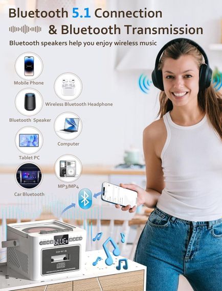 CD плеєр портативний перезаряджуваний Boombox із касетним плеєром, Bluetooth Boombox з акумулятором 5000 мА·год | Зображення 7