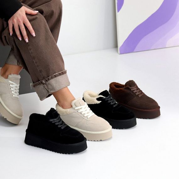 Светлые бежевые кроссовки угги натуральная замша + мех Тедди | Зображення 9