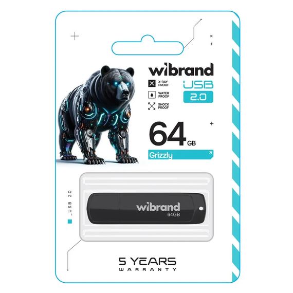 USB флеш накопичувач Wibrand 64GB Grizzly Black USB 2.0 (WI2.0/GR64P3B) | Зображення 1