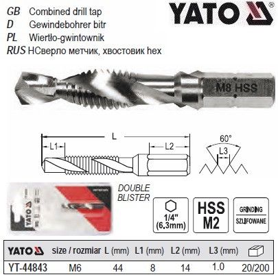 Сверло метчик YATO М6х1 мм HSS М2 HEX-1/4" l=44/8 мм YT-44843