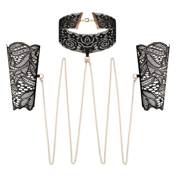 Мереживні наручники та комір Rosy Gold — Lace Cuffs and Collar — Black Sex Aura