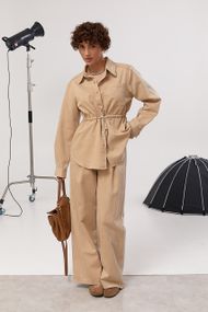 Котоновий вільний костюм із сорочкою на кнопках та прямими штанами - світло-коричневий цвет, ONE SIZE (є розміри)