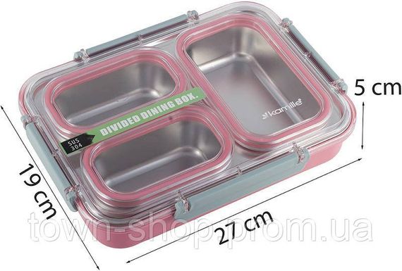 Ланч-бокс Kamille Snack 1200мл на 3 секции, пластик и нержавеющая сталь, розовый KM-2146PN | Зображення 5