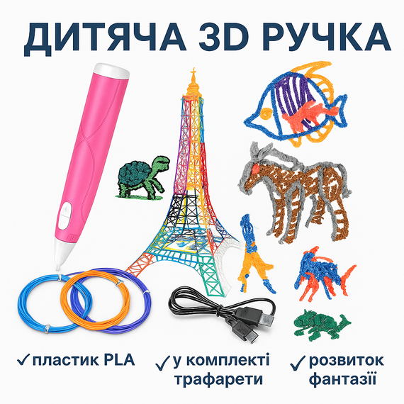 Дитяча 3D-ручка для малювання з екопластиком 3D-6-2 набір з трафаретами Бузковий Рожевий