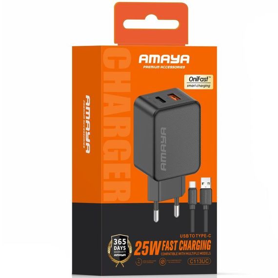 МЗП Amaya E113UC PD25W+QC3.0 (1USB-A/1C) + кабель USB to Type-C Black | Зображення 1