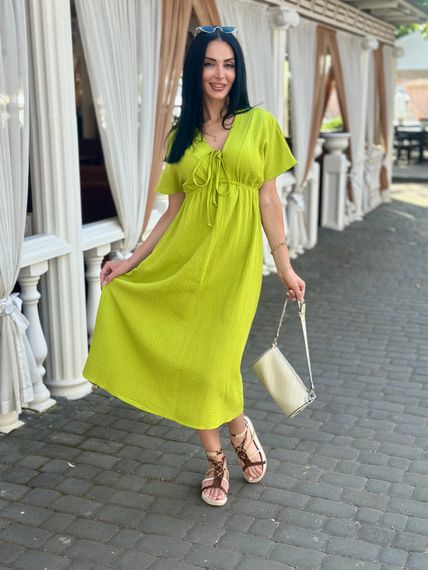 Женское длинное летнее платье из муслина легкое с завышенной талией размер 42/44 цвет горчичный GF58774 | Зображення 4