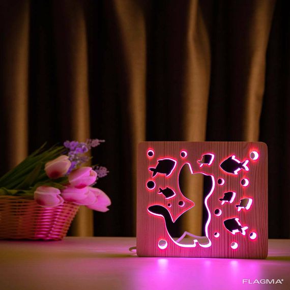 Светильник ночник ArtEco Light из дерева LED "Кот и рыбки" с пультом и регулировкой... | Зображення 6