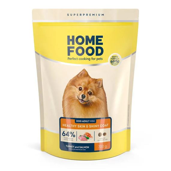 Сухий корм HOME FOOD Healthy skin and shiny coat здорова шкіра та блиск шерсті для дорослих собак малих порід з індичкою та лососем, 700 г
