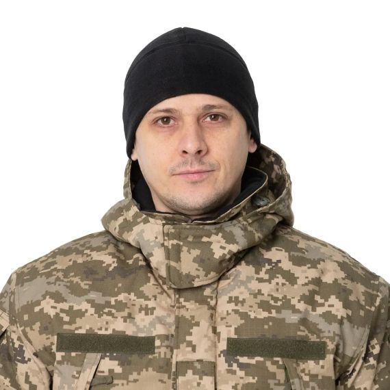 Шапка фліс без підворота Чорна, зимова камуфляжна шапка, тепла чоловіча флісова шапка чорна | Зображення 1