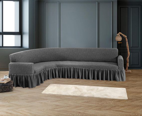 Жакардовий чохол на кутовий диван Stone з спідницею темно-сірий