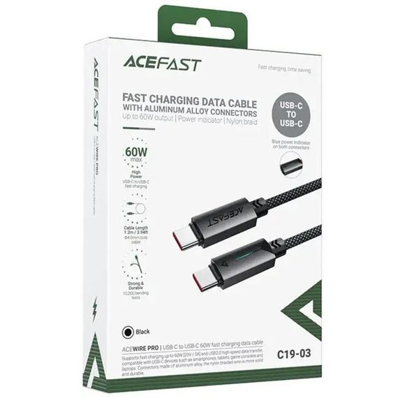 Дата кабель Acefast C19-03 Type-C to Type-C 60W (1.2m) Black | Зображення 1