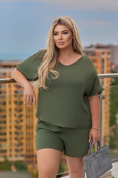 Женский легкий летний костюм шорты и футболка креп жатка, цвет хаки, размер 46/48 GF07827 | Зображення 2